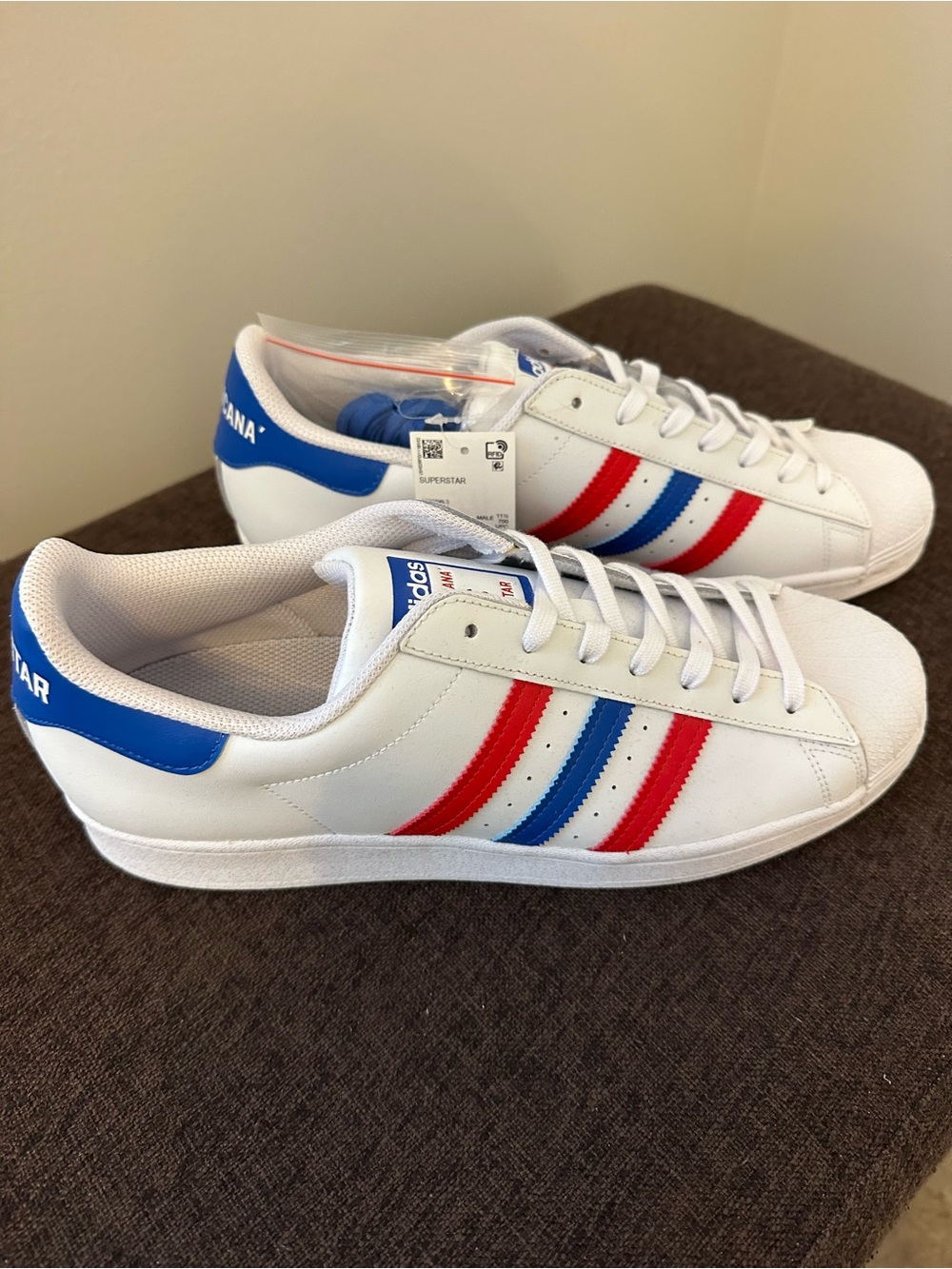 adidas Men’s White Sneakers with Red & Blue Three-Stripes